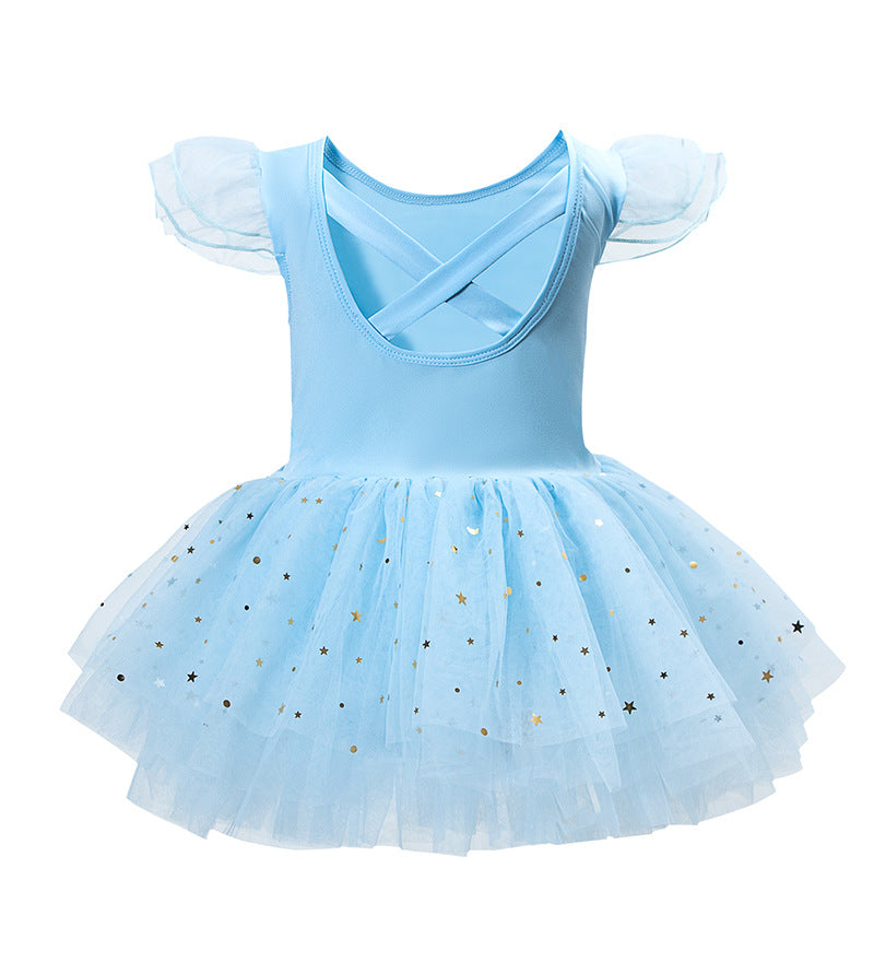 Girls Ballet Tutu Dress, Ruffle Sleeve Crisscross Back Dance Leotard with Gold Star Tulle Skirt for Toddler Kids BAL-SK-S01