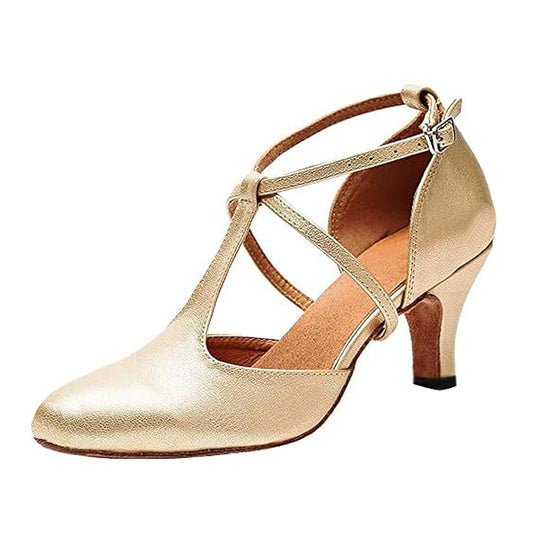 Women's beginner Latin dance shoes, soft leather closed toe adjustable ankle buckle dance pumps