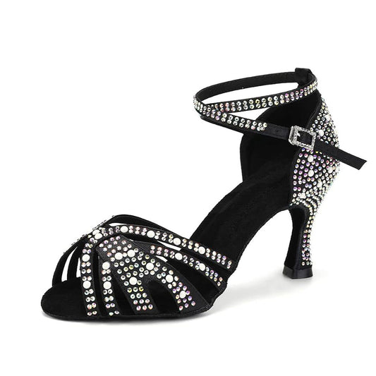 Black sparkly crystal latin dance heels, women's open-toe tango ballroom shoes with rhinestone pearl embellishments and suede sole