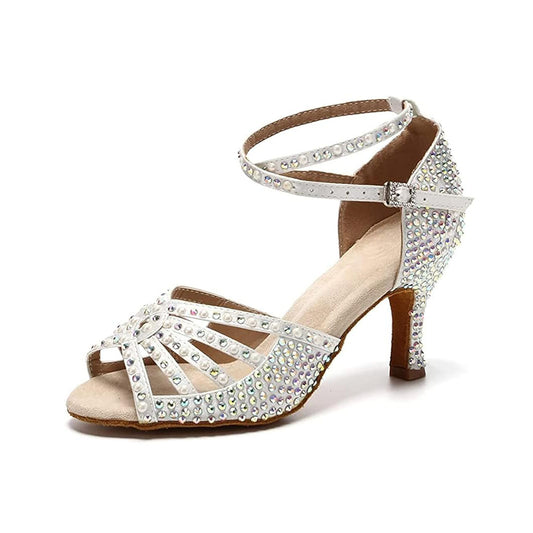 Beige professional salsa dance shoes with cross strap open toe design, sparkling rhinestone dance heels