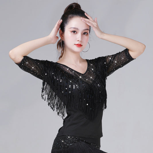 Stretchy sequined Latin dance top, women's fringe ballroom dance shirt for competition