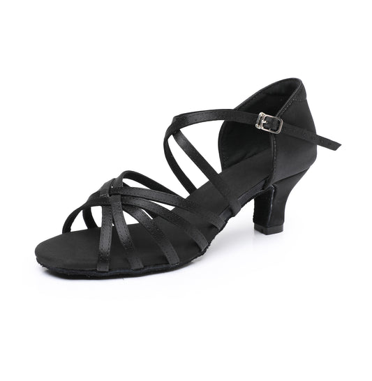 Professional Black Latin Salsa Dance Shoes for Ladies, Medium Heel for Practice & Performance