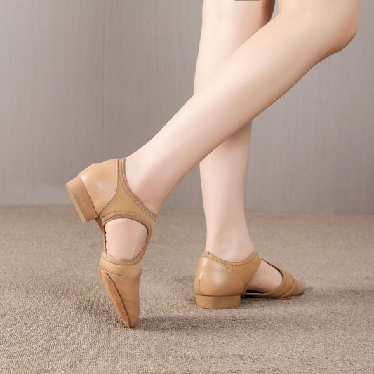 Women's Split-Sole Jazz Dance Teacher Shoes - Leather & Elastic Slip-On with Low Heel JZ-M-08