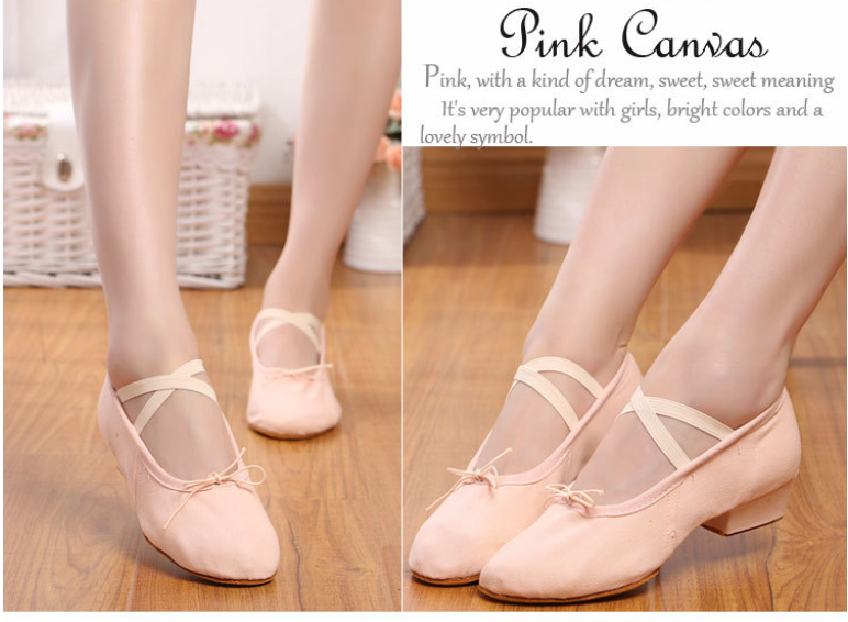 Women's Heeled Canvas Ballet Shoes, Soft Sole Dance Practice Footwear for Teacher-T-1101-3