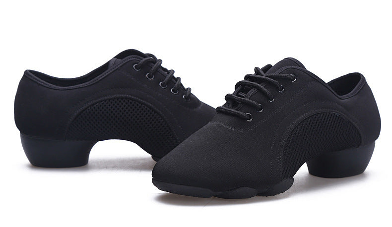 Front view of women's Latin dance shoes with breathable fabric upper