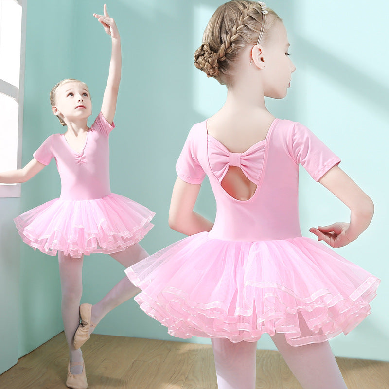 Girls Short Sleeve Ballet Tutu Dress, Bow Back Tulle Dance Leotard for Toddler Kids
