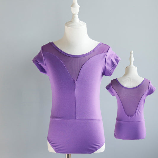 Girls Short Sleeve Mesh V-Neck Ballet Leotard, Pink Stretchy Dance Bodysuit for Kids