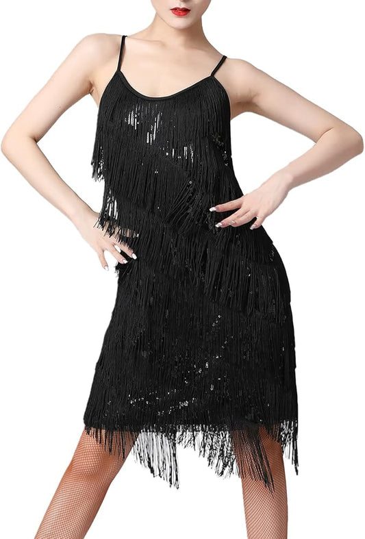 Black Fringe Dance Dress, Sexy Sequined Tassel Flapper Style Dress for Nightclub & Burlesque Wear