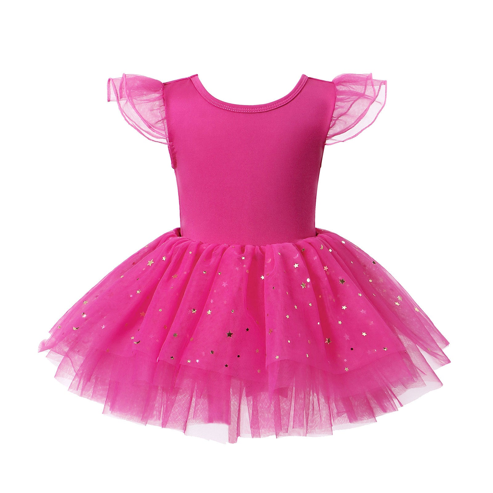 Girls Ruffle Sleeve Ballet Tutu Dress, Crisscross Back Gold Star Tulle Dance Leotard