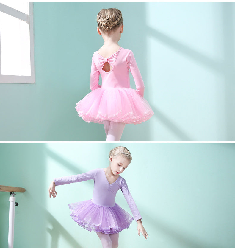 Girls Long Sleeve Ballet Tutu Dress, Bow Back Tulle Dance Leotard for Kids