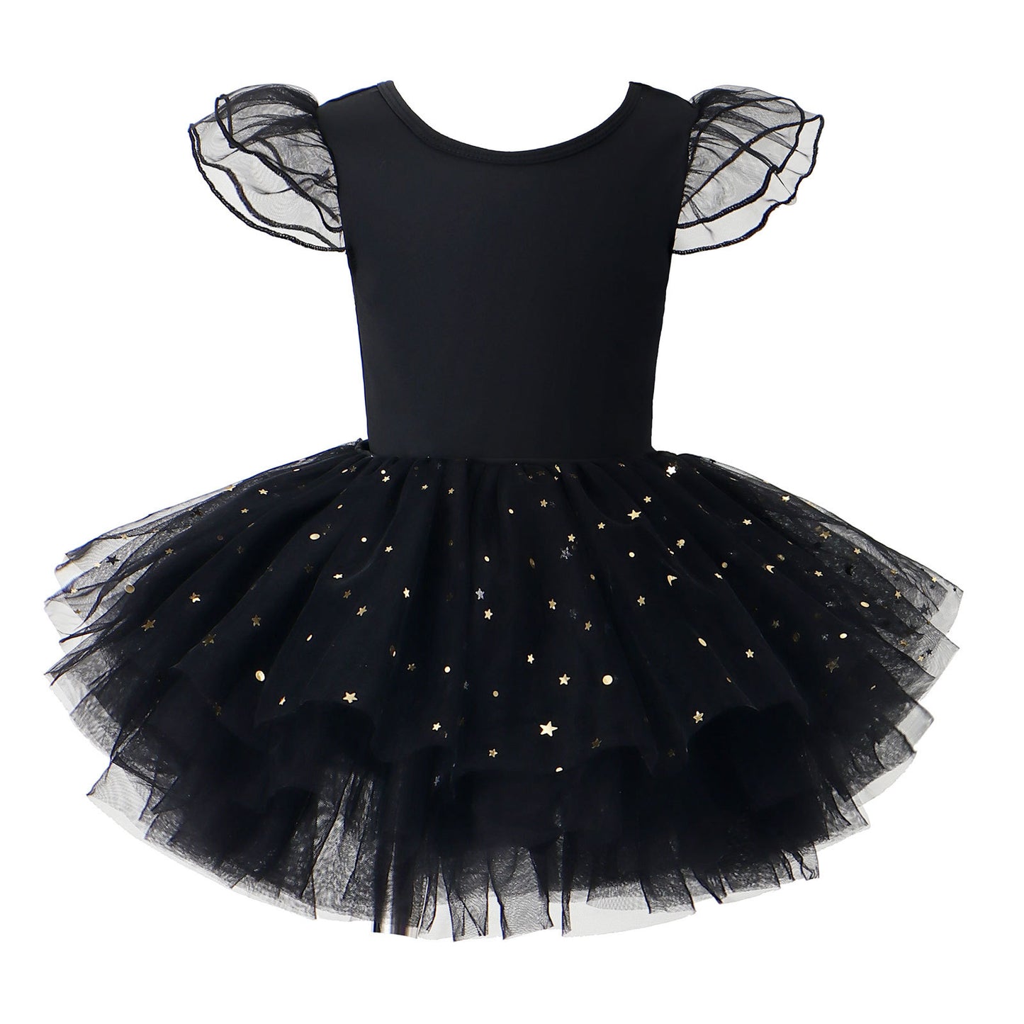 Sparkly Gold Star Girls Ballet Tutu Dress, Ruffle Sleeve Crisscross Back Kids Dance Leotard, Cute black Tulle Dancewear