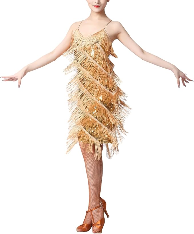 Gold Fringe Latin Dance Dress, Elegant Sequined Spaghetti Strap Flapper Dress for Wedding Guest & Stage Performance