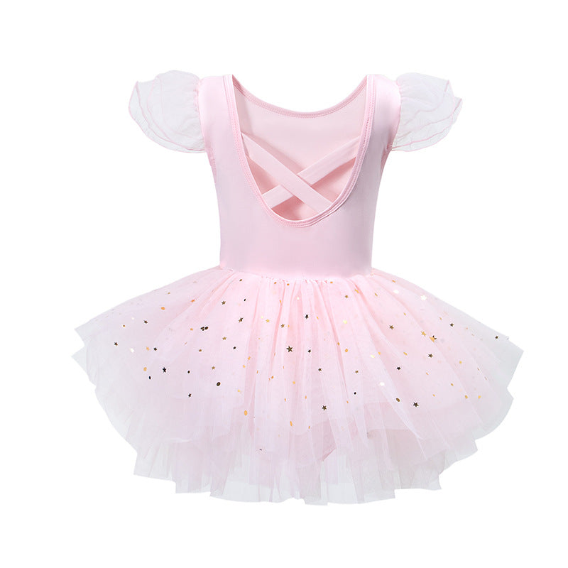 Girls Pink Ballet Tutu Dress, Ruffle Sleeve Crisscross Back Dance Leotard with Gold Star Tulle Skirt for Toddler Kids