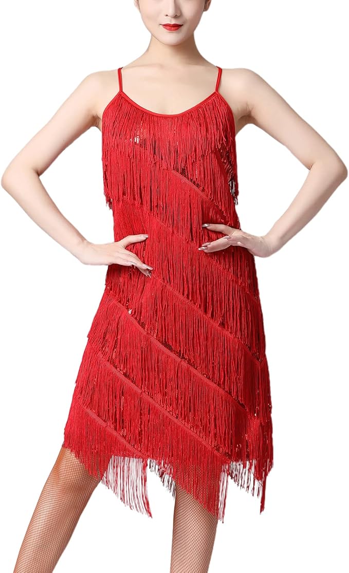 Red Fringe Flapper Dress, Women's Sexy Latin Salsa Tango Dress with Sequins, Perfect for Cocktail Party & New Year Eve Outfit