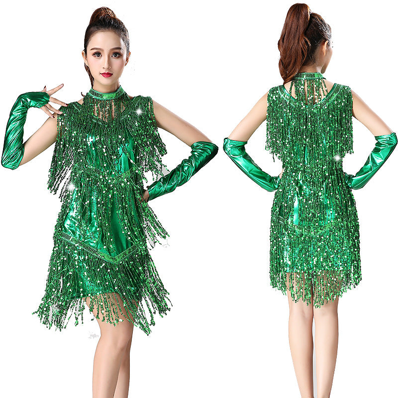 Women's Sparkly Sequin Fringe Latin Dance Dress, Sleeveless High Neck Ballroom Salsa Tango Performance Costume with Gloves  LAT-LS-01