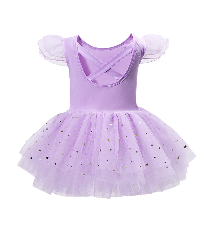 Toddler Girls Ballet Leotard with Tutu Skirt, Crisscross Back Ruffle Sleeve Gold Star Tulle Dance Dress for Kids
