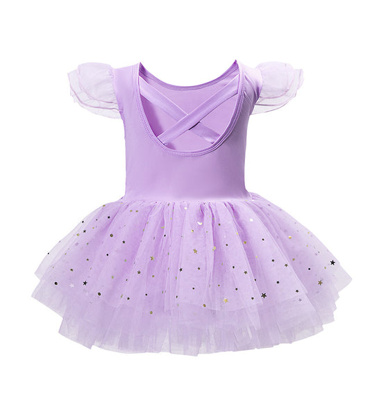 Toddler Girls Ballet Leotard with Tutu Skirt, Crisscross Back Ruffle Sleeve Gold Star Tulle Dance Dress for Kids