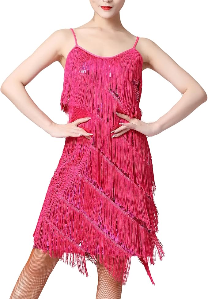 Hot Pink Fringe Latin Dance Dress, Women's Sequined Tassel Flapper Dress for 1920s Gatsby Themed Party Costume