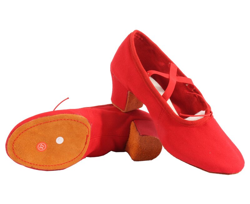 Comfortable Tan Canvas Dance Shoes, 5cm Low Heel with Adjustable Elastic Straps