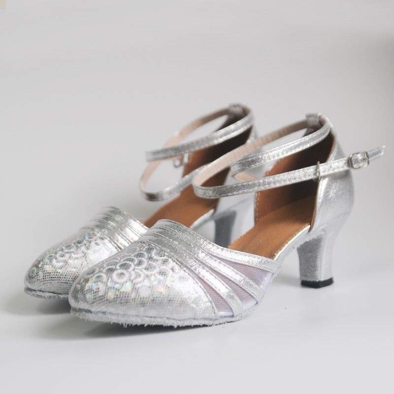 Silver closed-toe latin dance shoes with mid heel, holographic mesh upper and adjustable ankle strap for women ballroom dancing