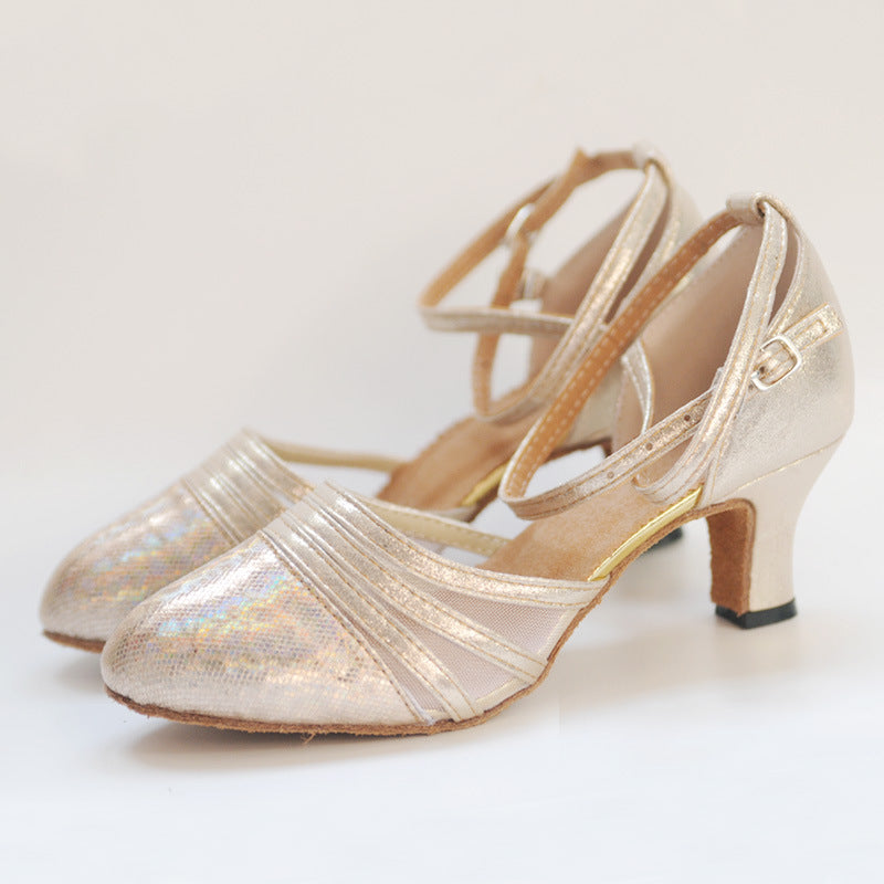 Champagne gold women's salsa dance shoes with suede sole, glittery mesh and mid heel for tango practice and performance