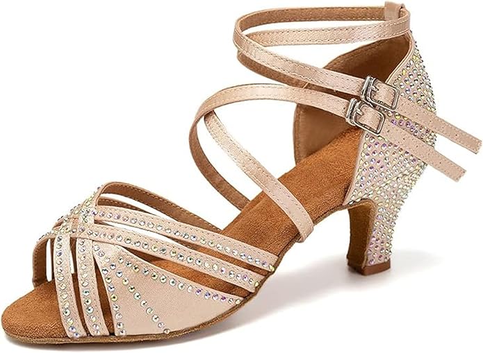 Elegant bling crystal salsa dance shoes for ladies, peep toe mid heel ballroom dance heels