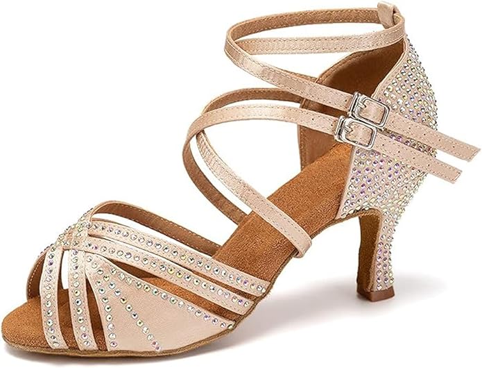 Ladies performance salsa dance shoes, rhinestones upper cross strap non-slip dance sole
