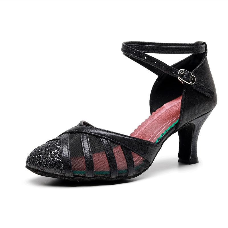 Women's Closed Toe Latin Dance Shoes, Black Glitter Mesh Ballroom Heels with Ankle Strap for Practice Performance