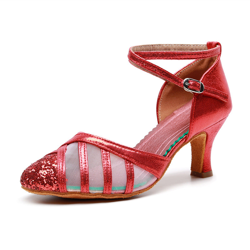 Professional Red Glitter Latin Dance Shoes for Women, Mesh Salsa Tango Heeled Sandals with Adjustable Buckle