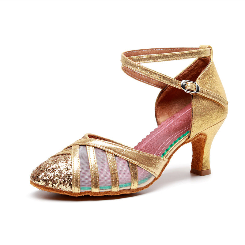 Gold Glitter Ballroom Dance Shoes, Ladies' Closed Toe Latin Heels with Mesh Panels and Ankle Strap