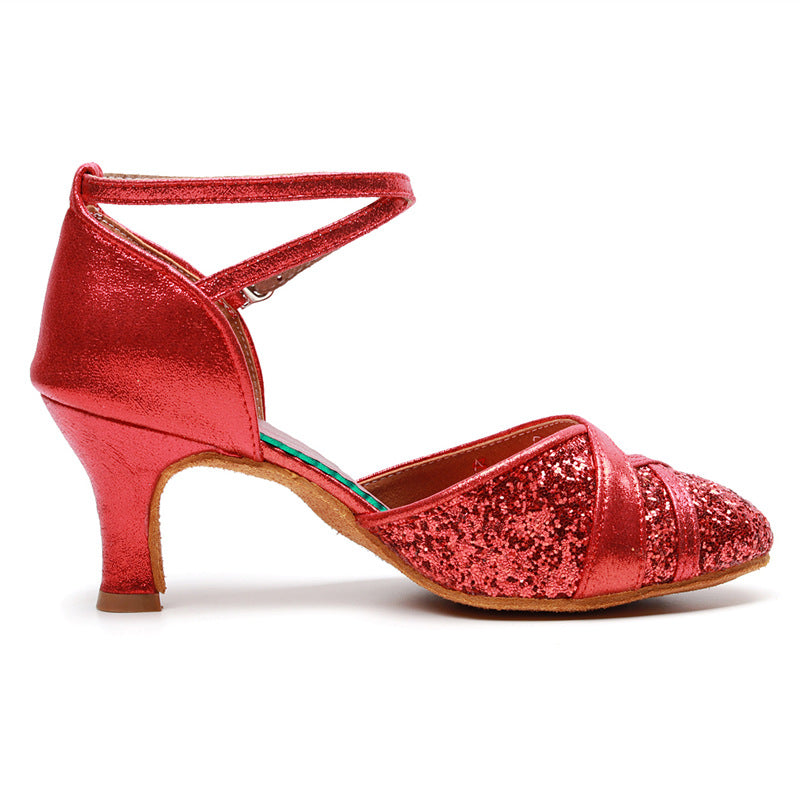 Ladies' Professional Ballroom Latin Dance Shoes, Glitter Toe Mesh Heels with Adjustable Ankle Strap