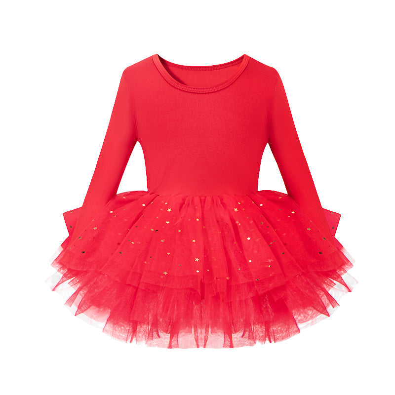 Girls Long Sleeve Ballet Tutu, Gold Star Tulle Skirt Dance Leotard with Built-in Brief for Toddler
