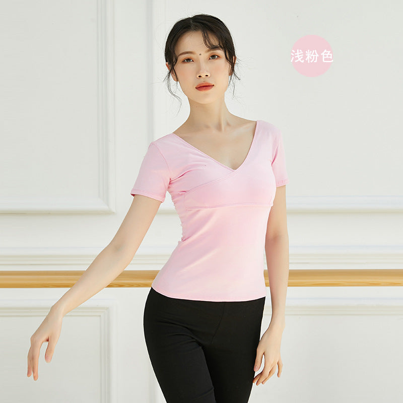Adult Stretchy V-Neck U-Back Dancewear, Short Sleeve Cotton Top for Dance Studio & Performance