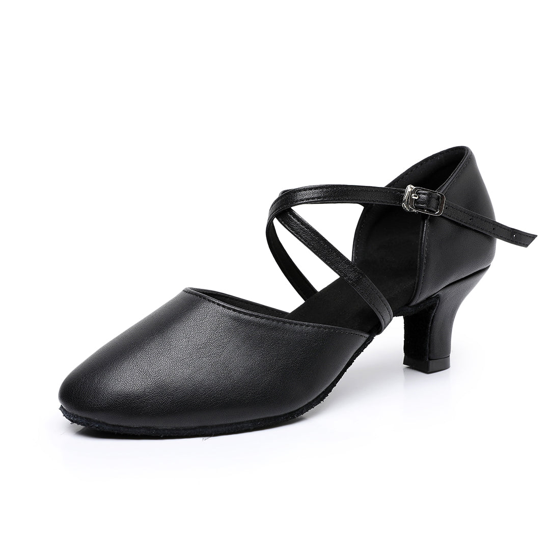 Women's Black Leather Closed Toe Modern Ballroom Dance Shoes with Ankle Strap
