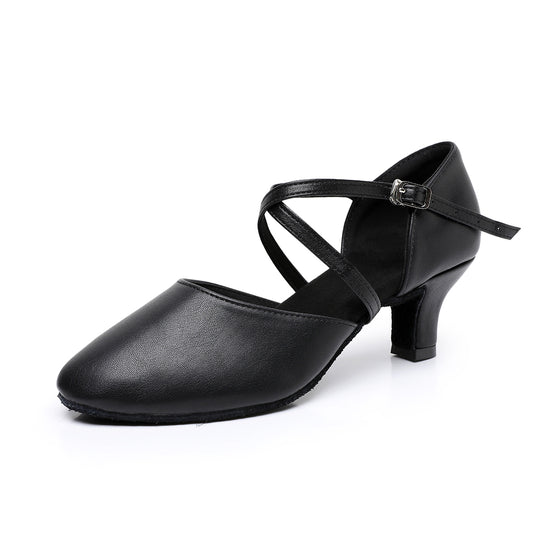 Women's Black Leather Closed Toe Modern Ballroom Dance Shoes with Ankle Strap