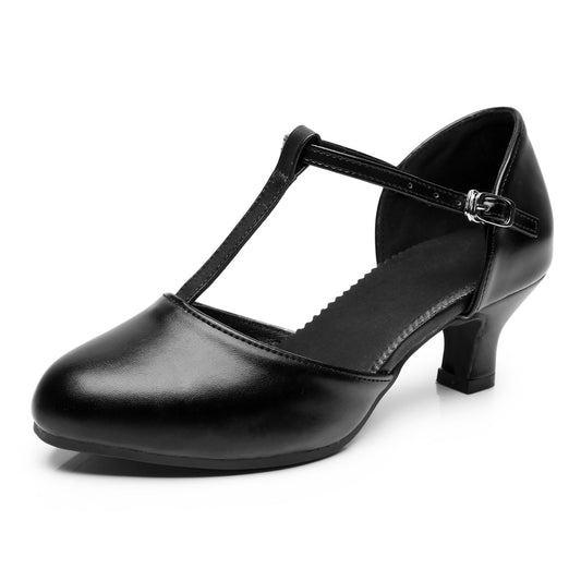 Black T-strap closed toe women latin dance shoes with low medium heel for ballroom practice