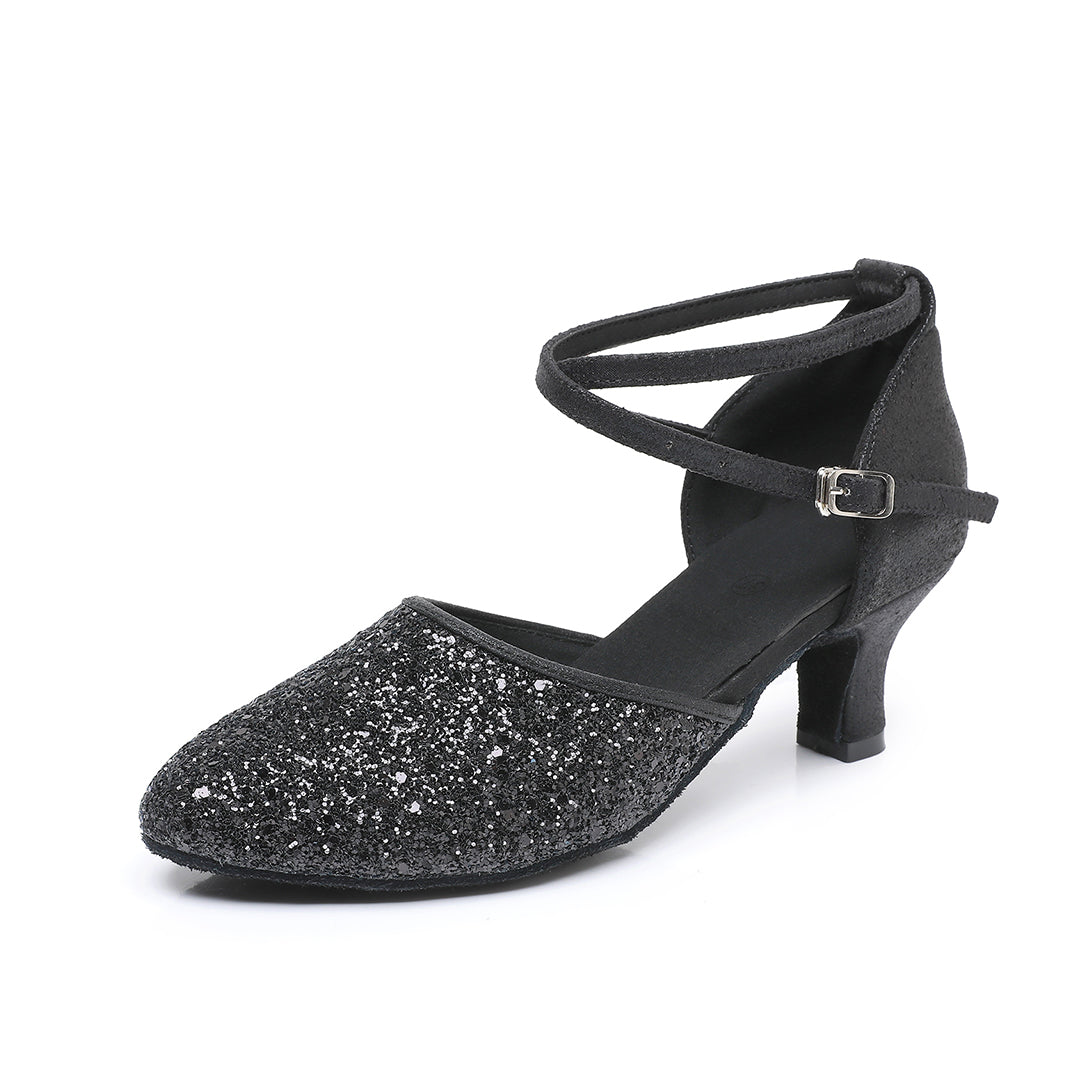 Women’s Sequined Leather Latin Dance Shoes – Pointed Toe Kitten Heel (Model A11)