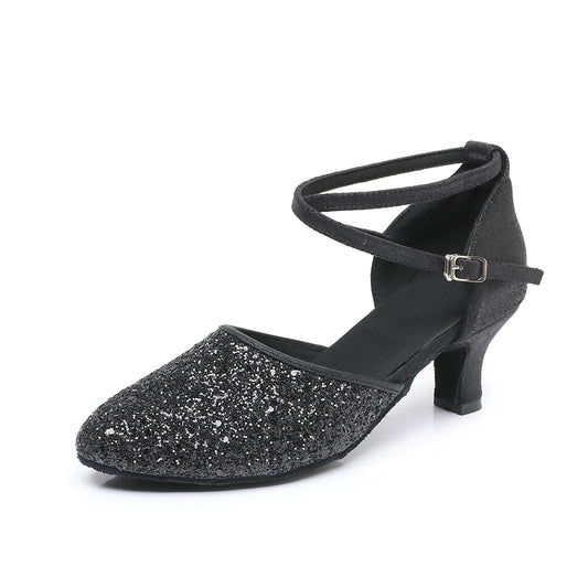 Women’s Sequined Leather Latin Dance Shoes – Pointed Toe Kitten Heel (Model A11)