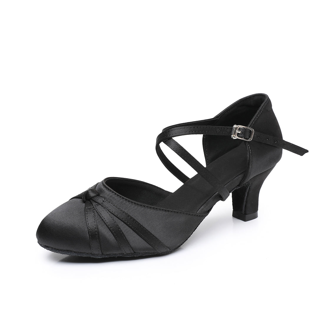 Black satin Latin dance shoes for women with crisscross straps and knot detail at toe