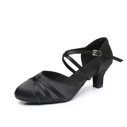 Black satin Latin dance shoes for women with crisscross straps and knot detail at toe