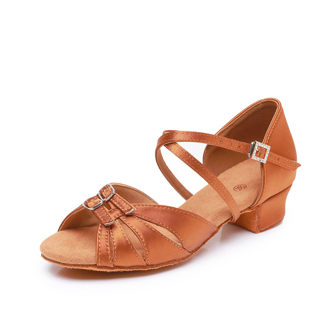 Girls' Latin Dance Shoes, Satin Low Heel Ballroom Heels with Rhinestone Buckles