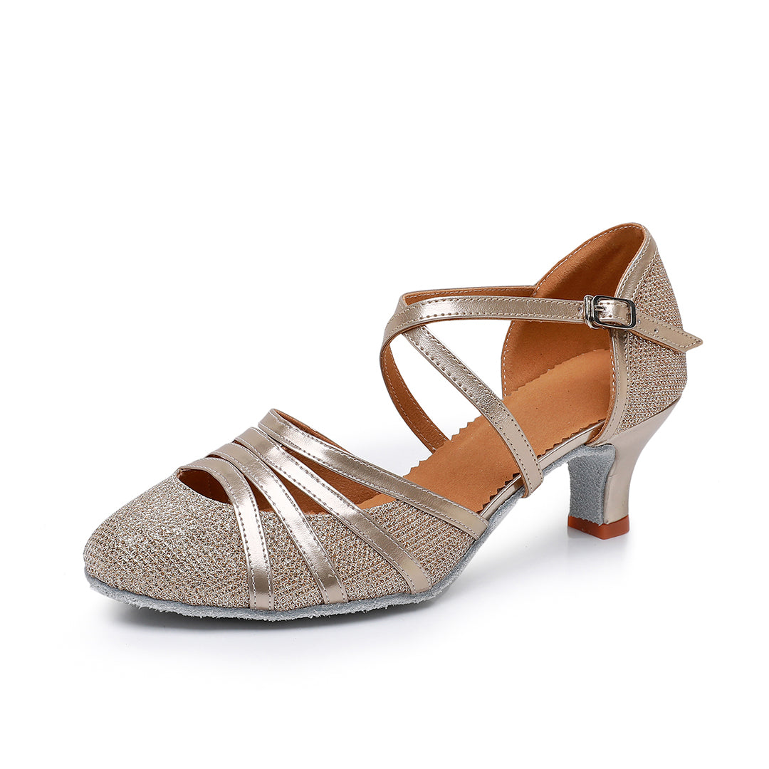 Women's Closed Toe Latin Dance Shoes, Champagne Glitter Ballroom Shoes with Ankle Strap