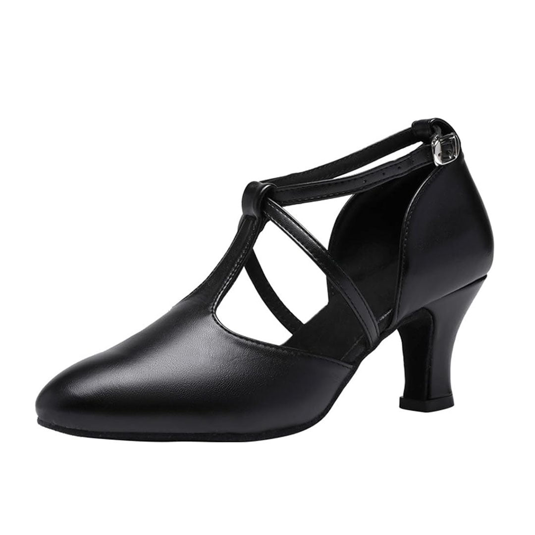 Black closed toe T-strap women's ballroom dance shoes with adjustable ankle buckle and low medium heel