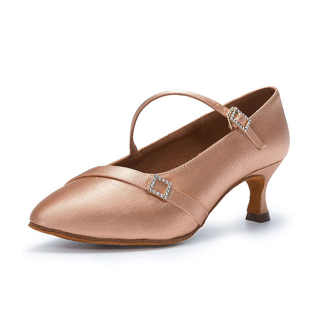 Women's Satin Latin Dance Shoes with Rhinestone Buckle & Mary Jane Strap