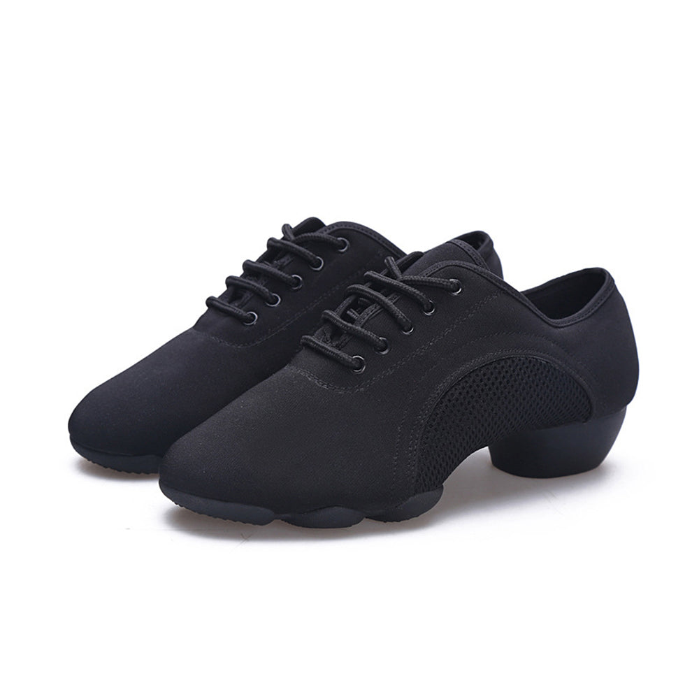 Black low-heel dance teacher shoes with breathable mesh panels
