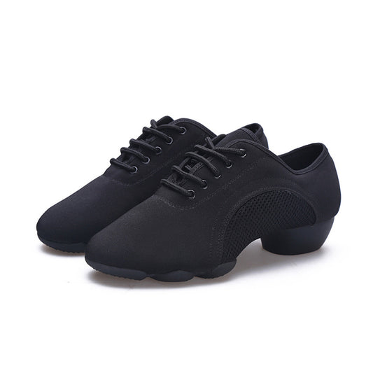 Black low-heel dance teacher shoes with breathable mesh panels