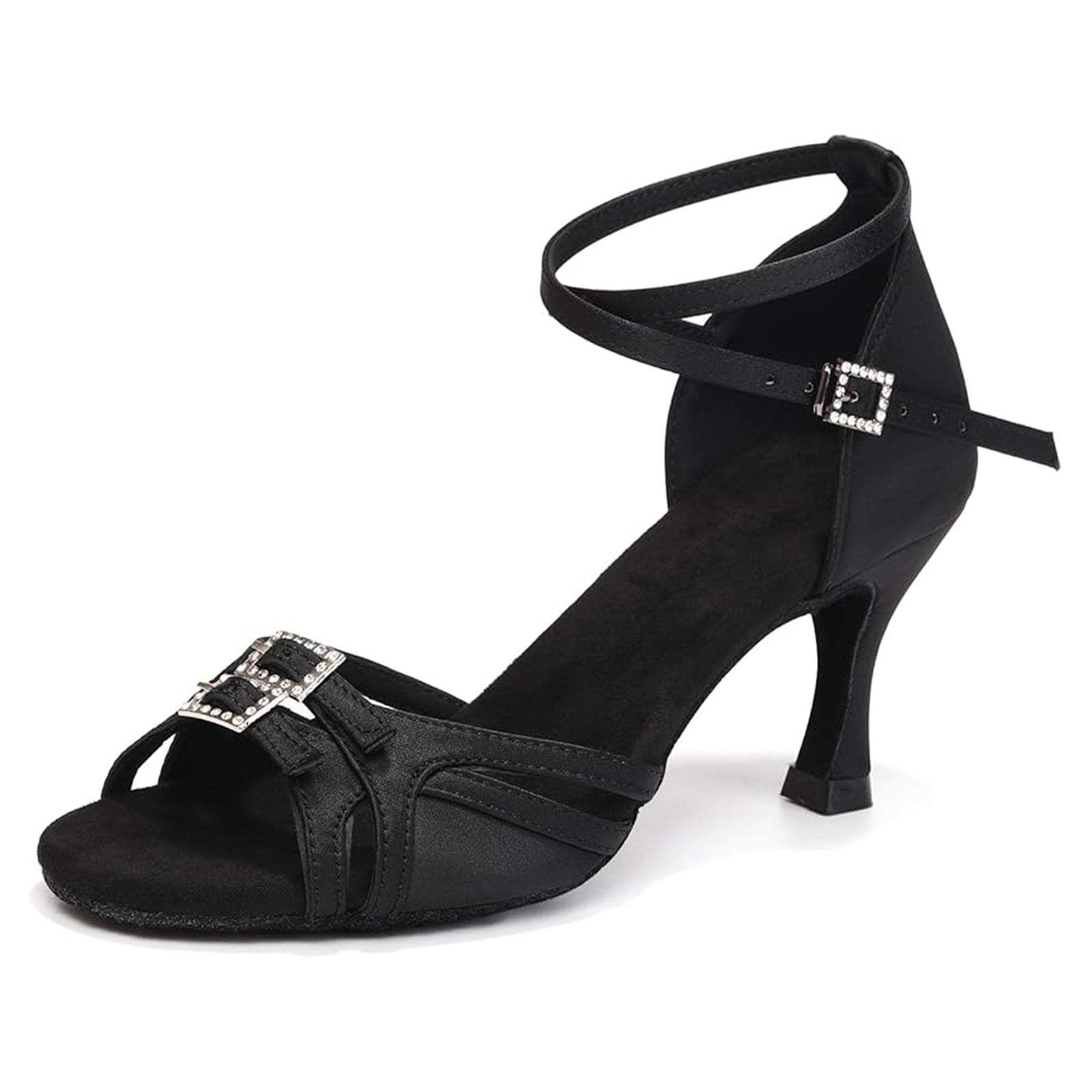Women's satin Latin dance shoes with rhinestone buckles and 5cm/7cm heels