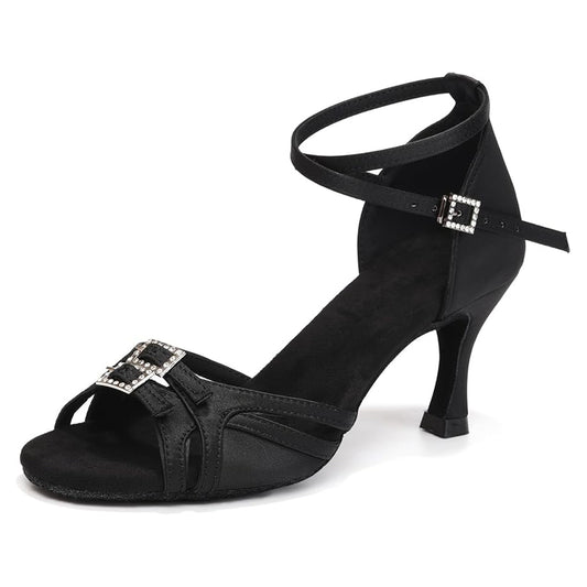 Women's satin Latin dance shoes with rhinestone buckles and 5cm/7cm heels