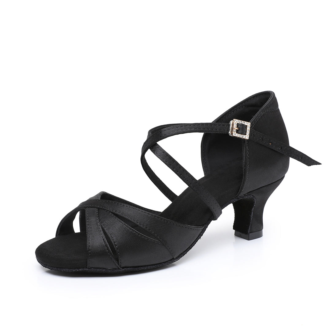 Elegant Brown & Black Latin Dance Shoes, Crisscross Strappy Design, Rhinestone Ankle Buckle for Performance