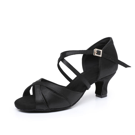 Elegant Brown & Black Latin Dance Shoes, Crisscross Strappy Design, Rhinestone Ankle Buckle for Performance